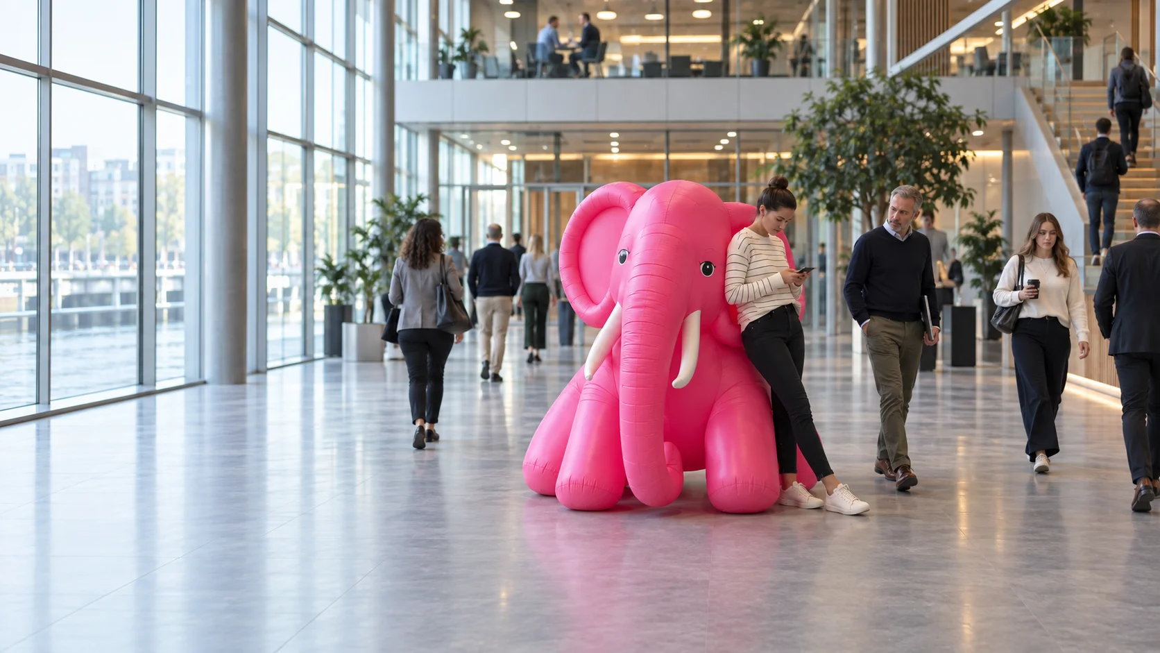 Een grote roze opblaasolifant in een kantooratrium. Sommige mensen kijken, anderen gaan op in hun werk.