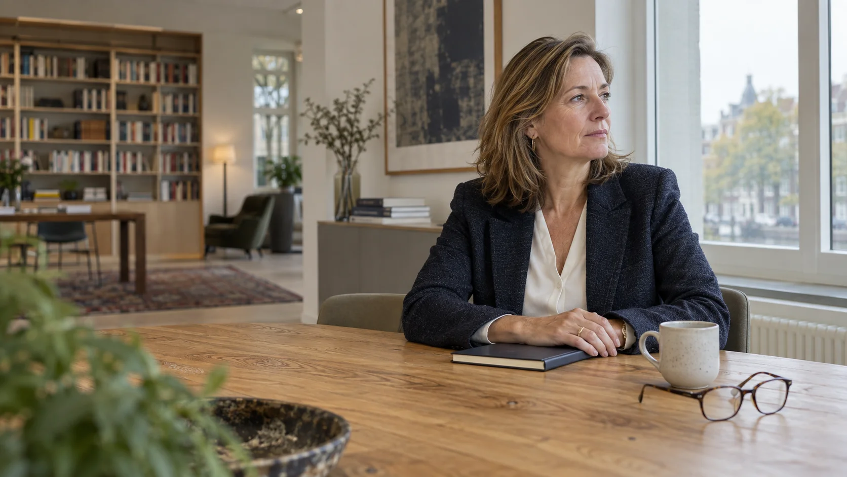 Een leider neemt een moment van reflectie aan haar werktafel.