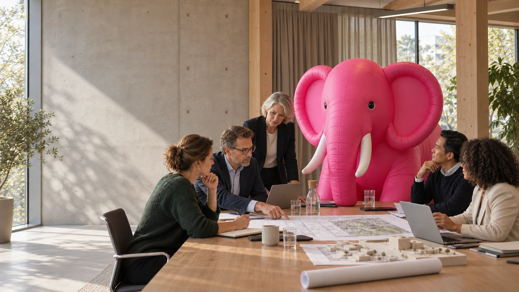 Een grote roze opblaasolifant staat tussen professionals aan een vergadertafel; één deelnemer kijkt hem aan.