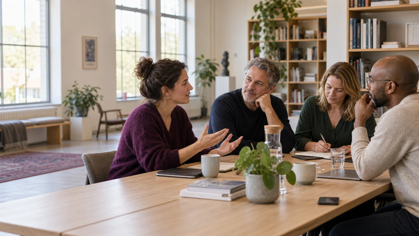Vier collega's luisteren naar elkaar tijdens een teamgesprek.